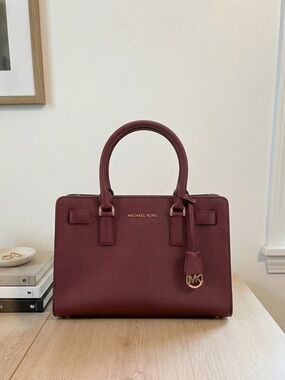Michael Kors Wine Saffiano Leather Satchel with Gold Hardware